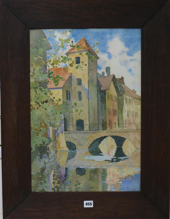 Charles Mangin (Belgian 1892-1977), watercolour, Continental townscape with bridge and canal, signed 54 x 37cm